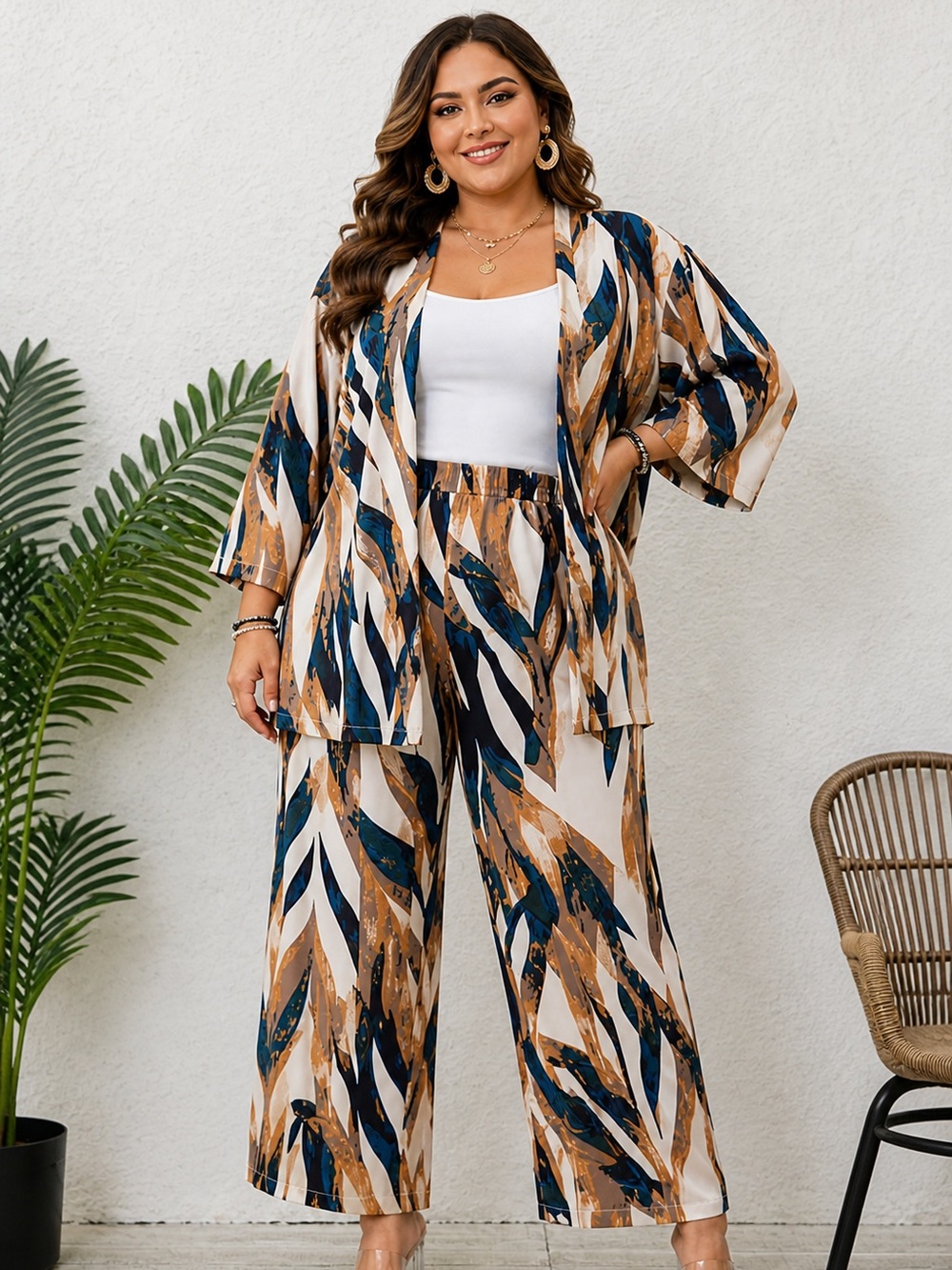 Abstract Print Wide-Leg Pants and top set in Beige & Navy